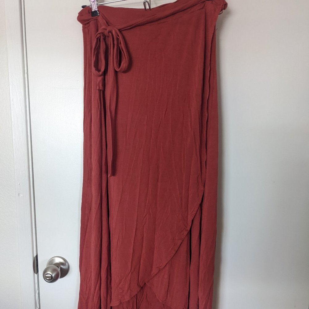 burnt orange flowy wrap skirt calf length